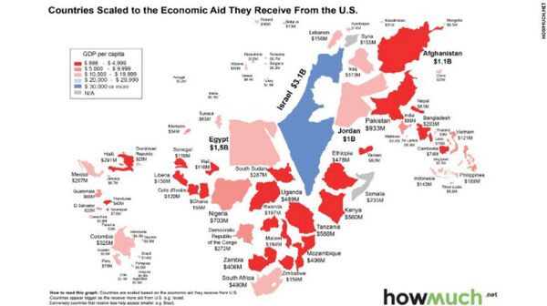 This map from howmuch.net shows the relative size of countries based on how much total economic aid they received from the US in 2014. - Sputnik International