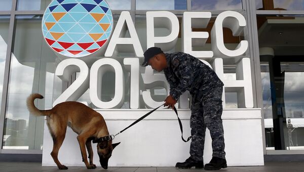 A soldier uses a canine to check the surroundings of the International Media Center during the security preparation for the Asia-Pacific Economic Cooperation (APEC) summit in Manila November 12, 2015 - Sputnik International