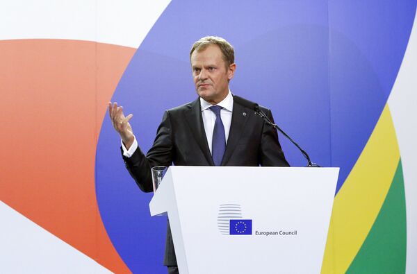 European Council President Donald Tusk speaks at a news conference after the Valletta Summit on Migration, followed by an informal meeting of European Union heads of state and government in Valletta, Malta, November 12, 2015 European Council President Donald Tusk speaks at a news conference after the Valletta Summit on Migration, followed by an informal meeting of European Union heads of state and government in Valletta, Malta, November 12, 2015 - Sputnik International