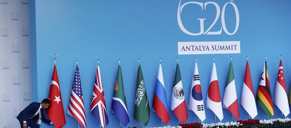 An official adjusts a Turkish national flag prior to the start of the G20 summit in Belek in the Mediterranean resort city of Antalya, Turkey, November 14, 2015 An official adjusts a Turkish national flag prior to the start of the G20 summit in Belek in the Mediterranean resort city of Antalya, Turkey, November 14, 2015 - Sputnik International