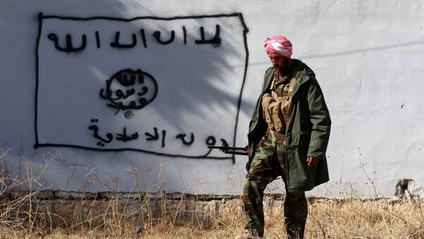 A Kurdish fighter walks by a wall bearing a drawing of the flag of the Islamic State (IS) group in the northern Iraqi town of Sinjar, in the Nineveh Province, on November 13, 2015. Iraqi Kurdish leader Massud Barzani announced the liberation of Sinjar from the Islamic State group in an assault backed by US-led strikes that cut a key jihadist supply line with Syria. - Sputnik International