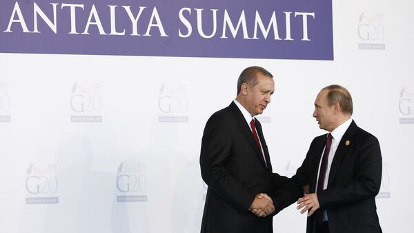 Turkish President Recep Tayyip Erdogan (L) greets Russian President Vladimir Putin (R) during the 'Welcoming Ceremony' prior to the G20 Turkey Leaders Summit on November 15, 2015 in Antalya - Sputnik International