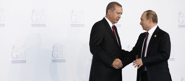 Turkish President Recep Tayyip Erdogan (L) greets Russian President Vladimir Putin (R) during the 'Welcoming Ceremony' prior to the G20 Turkey Leaders Summit on November 15, 2015 in Antalya Turkish President Recep Tayyip Erdogan (L) greets Russian President Vladimir Putin (R) during the 'Welcoming Ceremony' prior to the G20 Turkey Leaders Summit on November 15, 2015 in Antalya - Sputnik International