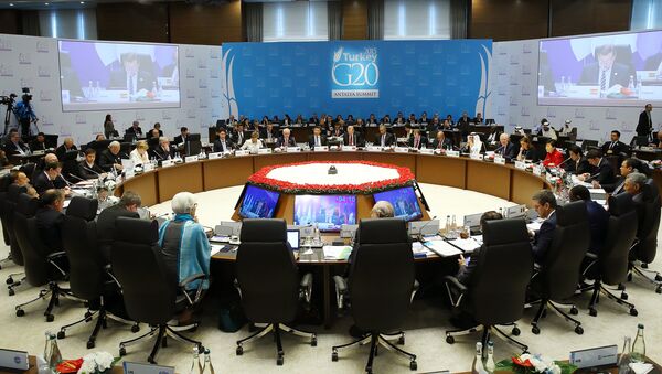 Leaders attend the second working session at the G20 Summit in theTurkish Mediterranean resort of Antalya, on November 16, 2015 - Sputnik International