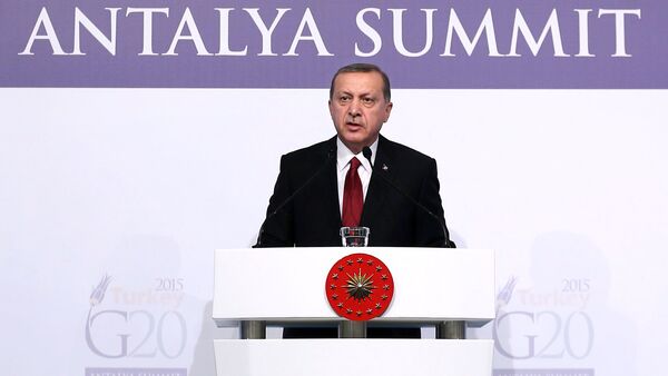 Turkish President Recep Tayyip Erdogan delivers a speech following a working session during the G20 Summit in Antalya, Turkey, on November 16, 2015 - Sputnik International