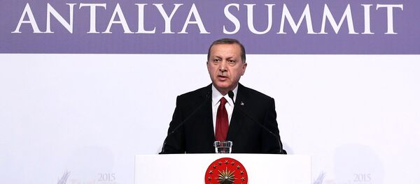 Turkish President Recep Tayyip Erdogan delivers a speech following a working session during the G20 Summit in Antalya, Turkey, on November 16, 2015 Turkish President Recep Tayyip Erdogan delivers a speech following a working session during the G20 Summit in Antalya, Turkey, on November 16, 2015 - Sputnik International