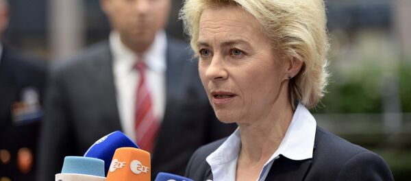 German Minister of Defence Ursula von der Leyen talks to journalists prior to the start of an European Union Defence Ministers' meeting at the EU Council in Brussels on November 17, 2015 German Minister of Defence Ursula von der Leyen talks to journalists prior to the start of an European Union Defence Ministers' meeting at the EU Council in Brussels on November 17, 2015 - Sputnik International