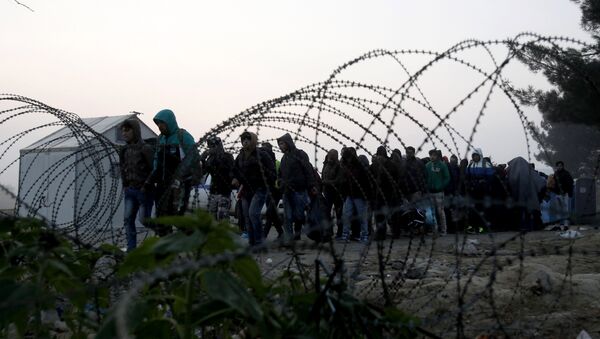 People cross the border from Greece into Macedonia, near the southern Macedonian town of Gevgelija, early Saturday, Nov. 14, 2015 - Sputnik International