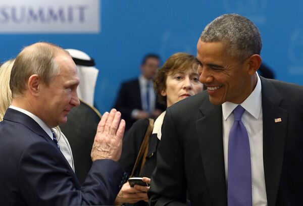 U.S. President Barack Obama (R) chats with Russia's President Vladimir Putin prior to a working session at the Group of 20 (G20) leaders summit in the Mediterranean resort city of Antalya, Turkey, November 16, 2015 U.S. President Barack Obama (R) chats with Russia's President Vladimir Putin prior to a working session at the Group of 20 (G20) leaders summit in the Mediterranean resort city of Antalya, Turkey, November 16, 2015 - Sputnik International