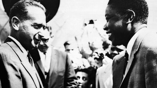 Picture released on August 15, 1960 at Elizabethville airoport, (Elisabethville now Lubumbashi), of UN general secretary Mister H., Dag Hammarskjold, welcomed by Moïse Kapenda Tshombe (Tchombe also written Tschombe), leader of the Katanga province, part of former colony Belgian Congo (Congo Belge), now called Democratic Republic of the Congo (DRC), where violence appeared after the Congolese independence on 30 June 1960. - Sputnik International