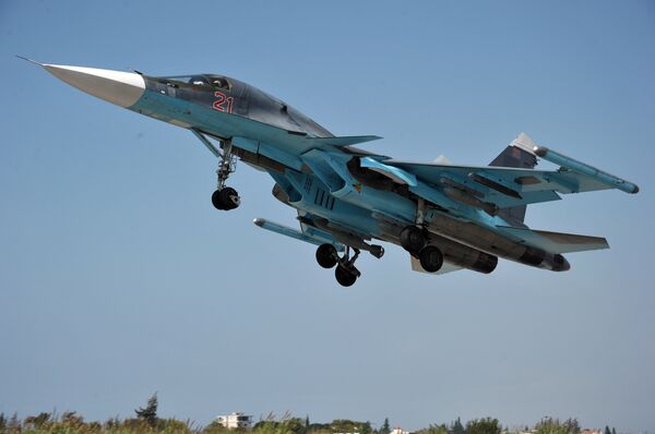A Su-34 fighter-bomber equipped with the Khibiny system takes off from the Hmeymim Air Base in the Syrian province of Latakia. File photo A Su-34 fighter-bomber equipped with the Khibiny system takes off from the Hmeymim Air Base in the Syrian province of Latakia. File photo - Sputnik International