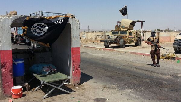 An ISIL militant stands with a captured Iraqi Army Humvee at a checkpoint outside Beiji refinery, some 250 kilometers (155 miles) north of Baghdad, Iraq, Thursday, June 19, 2014 - Sputnik International