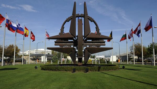 The NATO emblem is seen before a defence ministers meeting at the NATO headquarters in Brussels on October 22, 2013 - Sputnik International