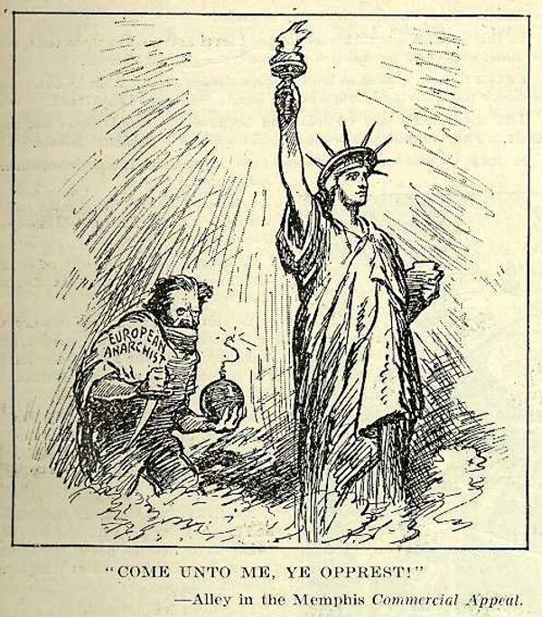Come Unto Me, Ye Opprest! A political cartoon cited by Awan showing a swarthy, bearded, foreign anarchist, armed with a knife and bomb, creeping up behind the statue of Liberty, who holds her beacon aloft and calls out naively, come unto me, ye opprest! Come Unto Me, Ye Opprest! A political cartoon cited by Awan showing a swarthy, bearded, foreign anarchist, armed with a knife and bomb, creeping up behind the statue of Liberty, who holds her beacon aloft and calls out naively, come unto me, ye opprest! - Sputnik International