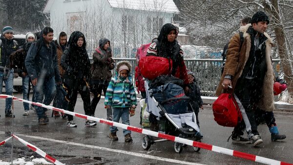 Migrants stay in queue during heavy snowfall before passing Austrian-German border in Wegscheid in Austria, near Passau November 22, 2015 - Sputnik International