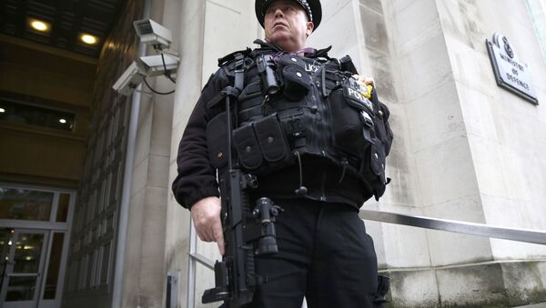 An armed police officer stands guard outside of the Ministry of Defence in London, Britain November 18, 2015 - Sputnik International