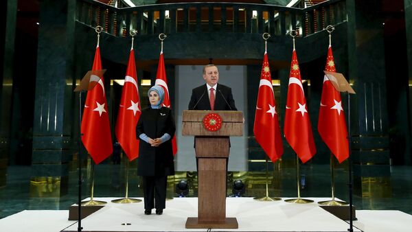 Turkish President Tayyip Erdogan, accompanied by his wife Emine Erdogan, adressess teachers during a reception at the Presidential Palace in Ankara, Turkey, November 24, 2015 - Sputnik International