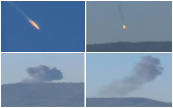 A combination picture taken from video shows a war plane crashing in flames in a mountainous area in northern Syria after it was shot down by Turkish fighter jets near the Turkish-Syrian border November 24, 2015 A combination picture taken from video shows a war plane crashing in flames in a mountainous area in northern Syria after it was shot down by Turkish fighter jets near the Turkish-Syrian border November 24, 2015 - Sputnik International