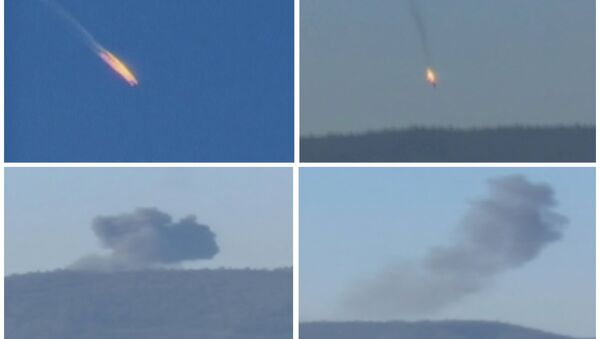 A combination picture taken from video shows a war plane crashing in flames in a mountainous area in northern Syria after it was shot down by Turkish fighter jets near the Turkish-Syrian border November 24, 2015 - Sputnik International