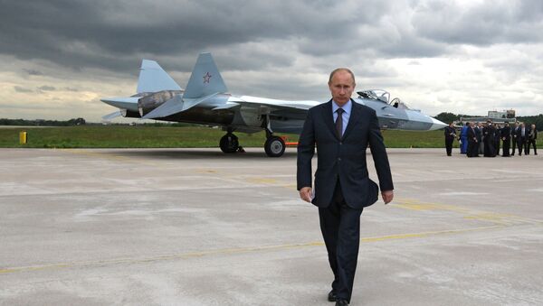 Prime Minister Vladimir Putin at the test if a T-50 fifth generation fighter - Sputnik International