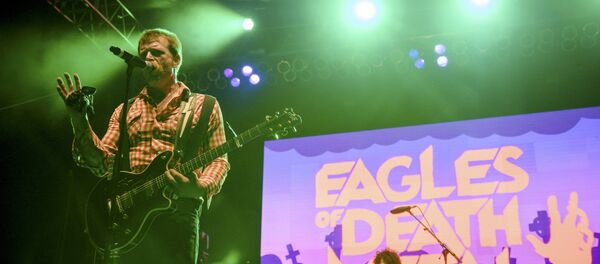 Jesse Hughes of the rock band Eagles of Death Metal performs with drummer Joey Castillo (R) at Festival Supreme at Shrine Auditorium in Los Angeles, California in this picture taken October 25, 2014. Jesse Hughes of the rock band Eagles of Death Metal performs with drummer Joey Castillo (R) at Festival Supreme at Shrine Auditorium in Los Angeles, California in this picture taken October 25, 2014. - Sputnik International