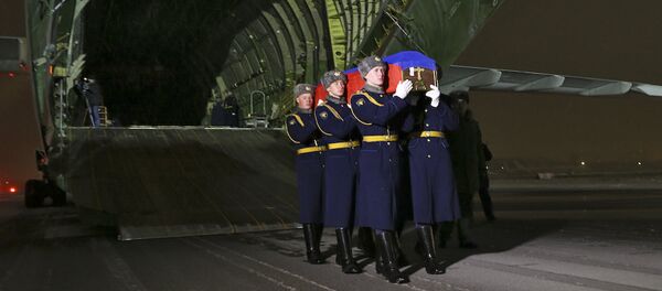 The body of the pilot of Russia's Su-24 bomber that was shot down by Turkey last week has arrived at the Chkalovsky Airport near Moscow The body of the pilot of Russia's Su-24 bomber that was shot down by Turkey last week has arrived at the Chkalovsky Airport near Moscow - Sputnik International