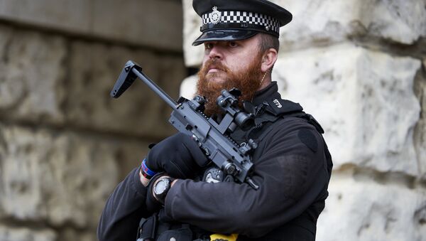 Armed British police officers stand on duty in central London on November 25, 2015 - Sputnik International