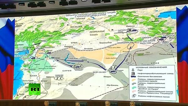 A map, presented by the Russian Defense Ministry last week, showing the three main routes of the alleged oil smuggling operations from Syria and Iraq into Turkey. A map, presented by the Russian Defense Ministry last week, showing the three main routes of the alleged oil smuggling operations from Syria and Iraq into Turkey. - Sputnik International