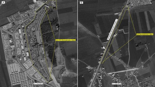 Concentration of vehicles and direction of truck convoys' traffic into Turkey. Maximum available quality. (Still frames of the Russian Defense Ministry.) - Sputnik International