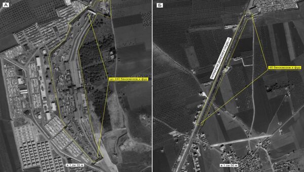 Concentration of vehicles and direction of truck convoys' traffic into Turkey. Maximum available quality. (Still frames of the Russian Defense Ministry.) - Sputnik International