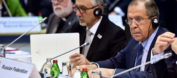 Foreign Minister of the Russian Federation Sergey Lavrov prepares for the opening of the annual ministerial council of the Organisation for Security and Cooperation in Europe (OSCE) at the Kombank Arena in Belgrade on December 3, 2015 - Sputnik International
