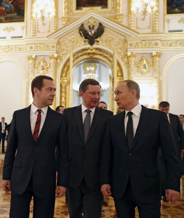 December 3, 2015. From right: Russian President Vladimir Putin, Chief of Staff of the Presidential Executive Office Sergei Ivanov and Prime Minister Dmitry Medvedev after Vladimir Putin's Presidential Address to the Federal Assembly at the Kremlin's St. George Hall December 3, 2015. From right: Russian President Vladimir Putin, Chief of Staff of the Presidential Executive Office Sergei Ivanov and Prime Minister Dmitry Medvedev after Vladimir Putin's Presidential Address to the Federal Assembly at the Kremlin's St. George Hall - Sputnik International