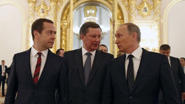 December 3, 2015. From right: Russian President Vladimir Putin, Chief of Staff of the Presidential Executive Office Sergei Ivanov and Prime Minister Dmitry Medvedev after Vladimir Putin's Presidential Address to the Federal Assembly at the Kremlin's St. George Hall - Sputnik International