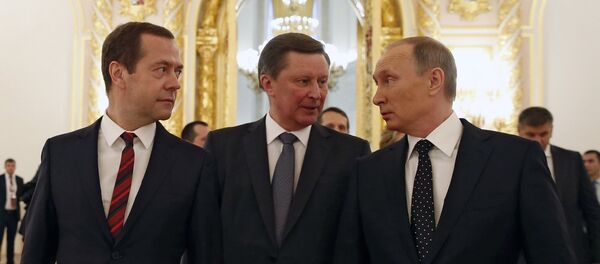 December 3, 2015. From right: Russian President Vladimir Putin, Chief of Staff of the Presidential Executive Office Sergei Ivanov and Prime Minister Dmitry Medvedev after Vladimir Putin's Presidential Address to the Federal Assembly at the Kremlin's St. George Hall December 3, 2015. From right: Russian President Vladimir Putin, Chief of Staff of the Presidential Executive Office Sergei Ivanov and Prime Minister Dmitry Medvedev after Vladimir Putin's Presidential Address to the Federal Assembly at the Kremlin's St. George Hall - Sputnik International