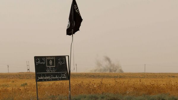 Smoke rises in the distance behind an Islamic State (IS) group flag and banner - Sputnik International