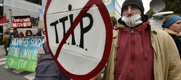 Protestors demonstrate against the free trade agreements TTIP (Transatlantic Trade and Investment Partnership) and CETA (Comprehensive Economic and Trade Agreement) during an EU summit in Brussels, Belgium on Thursday, Oct. 15, 2015 Protestors demonstrate against the free trade agreements TTIP (Transatlantic Trade and Investment Partnership) and CETA (Comprehensive Economic and Trade Agreement) during an EU summit in Brussels, Belgium on Thursday, Oct. 15, 2015 - Sputnik International