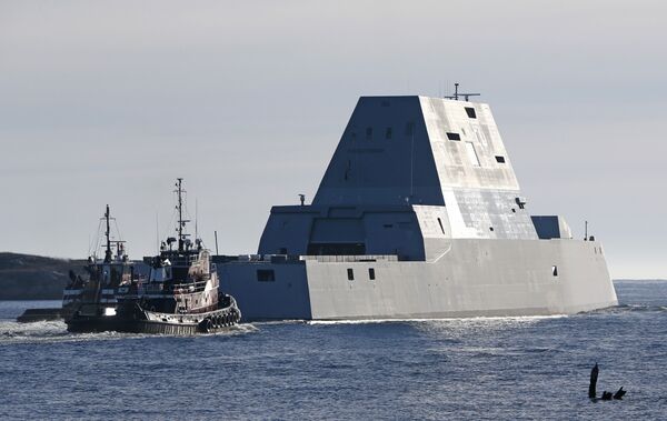 The first Zumwalt-class destroyer, the USS Zumwalt, the largest ever built for the US Navy, leaves the Kennebec River on Monday, December 7, 2015, in Phippsburg, Maine. The first Zumwalt-class destroyer, the USS Zumwalt, the largest ever built for the US Navy, leaves the Kennebec River on Monday, December 7, 2015, in Phippsburg, Maine. - Sputnik International