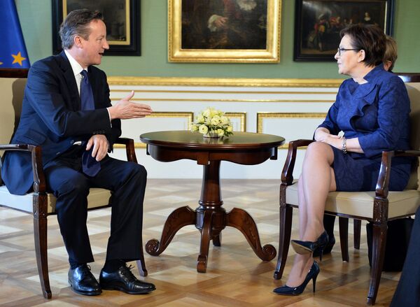 British Prime Minister David Cameron (L) talks with his Polish counterpart Ewa Kopacz in Lazienki palace in Warsaw on May 29, 2015. - Sputnik International