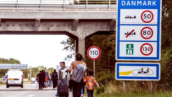 Migrants, who came from Germany by ferry and train Sunday night, walk from Rodby in southern Denmark towards Sweden on Monday Sept. 7, 2015. - Sputnik International