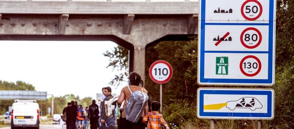 Migrants, who came from Germany by ferry and train Sunday night, walk from Rodby in southern Denmark towards Sweden on Monday Sept. 7, 2015. Migrants, who came from Germany by ferry and train Sunday night, walk from Rodby in southern Denmark towards Sweden on Monday Sept. 7, 2015. - Sputnik International