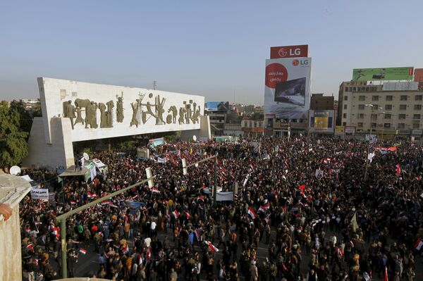 Protesters shout slogans during a demonstration against the Turkish military deployment in Iraq, at Tahrir Square in central Baghdad, Iraq, December 12, 2015 Protesters shout slogans during a demonstration against the Turkish military deployment in Iraq, at Tahrir Square in central Baghdad, Iraq, December 12, 2015 - Sputnik International