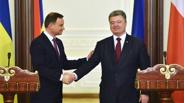 Ukrainian President Petro Poroshenko shakes hands with his Polish counterpart Andrzej Duda (L) during a joint press conference after their meeting in Kiev on December 15, 2015. - Sputnik International
