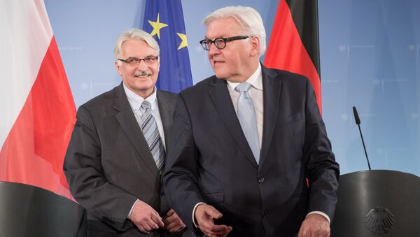 In this Nov. 26, 2015 photo German Foreign Minister Frank-Walter Steinmeier, right, and his Polish counterpart Witold Waszczykowski smile after a meeting in Berlin - Sputnik International