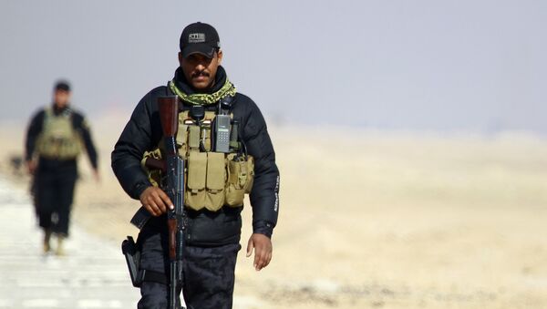 Members of the Iraqi security forces patrol the Najaf governorate’s border with the mostly Islamic State (IS) group controlled western province of Anbar as new security measures have been taken to beef up security on the border of the Saudi desert on January 24, 2015 - Sputnik International
