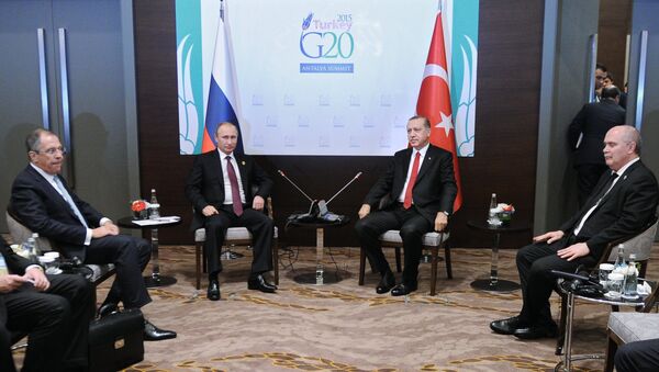 November 15, 2015. Russian President Vladimir Putin, second left, and Turkish President Recep Tayyip Erdogan, second right, during a meeting on the sidelines of the Group of 20 summit in Antalya, Turkey - Sputnik International