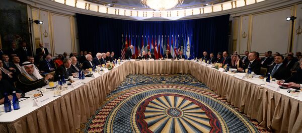US Secretary of State John Kerry, United Nations secretary general Ban Ki-moon and Russian foreign minister Sergey Lavrov (C) along with other ministers and delegates start a meeting on Syria in New York on December 18, 2015 US Secretary of State John Kerry, United Nations secretary general Ban Ki-moon and Russian foreign minister Sergey Lavrov (C) along with other ministers and delegates start a meeting on Syria in New York on December 18, 2015 - Sputnik International