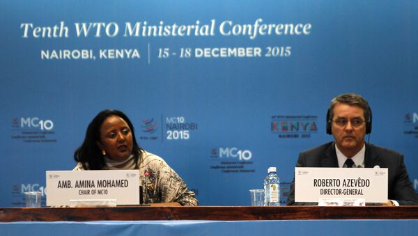 The Kenyan Foreign Affairs Cabinet Secretary Amina Mohamed (L) and the Director General of the World Trade Organization (WTO) Roberto Azevedo attend the opening of the World Trade Organization (WTO) Summit in Nairobi, Kenya December 15, 2015 - Sputnik International