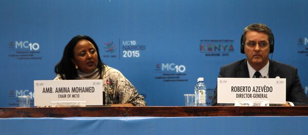 The Kenyan Foreign Affairs Cabinet Secretary Amina Mohamed (L) and the Director General of the World Trade Organization (WTO) Roberto Azevedo attend the opening of the World Trade Organization (WTO) Summit in Nairobi, Kenya December 15, 2015 - Sputnik International