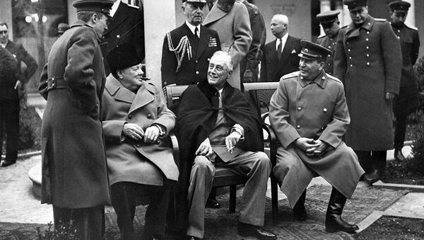 The Yalta (Crimean) conference of three allied powers on February 4-11, 1945. In the center (seating from left to right): British Prime Minister Winston Churchill, US President Franklin Delano Roosevelt and Marshal of the USSR Joseph Stalin - Sputnik International