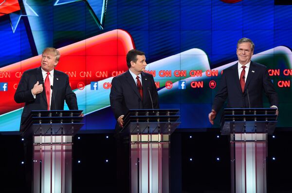 Republican presidential hopefuls Donald Trump (L), Ted Cruz (C) and Jeb Bush (R) on stage at the Republican Presidential Debate, hosted by CNN, at The Venetian Las Vegas on December 15, 2015 in Las Vegas, Nevada. Republican presidential hopefuls Donald Trump (L), Ted Cruz (C) and Jeb Bush (R) on stage at the Republican Presidential Debate, hosted by CNN, at The Venetian Las Vegas on December 15, 2015 in Las Vegas, Nevada. - Sputnik International